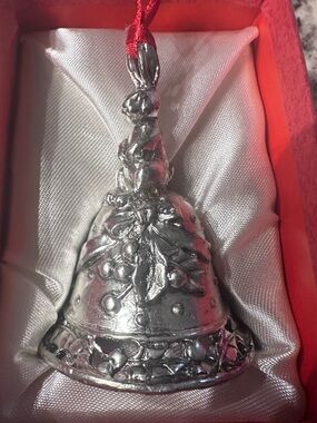 Vintage Silver Bunny Bell Ornament with Red Ribbon - Holiday Home Accent